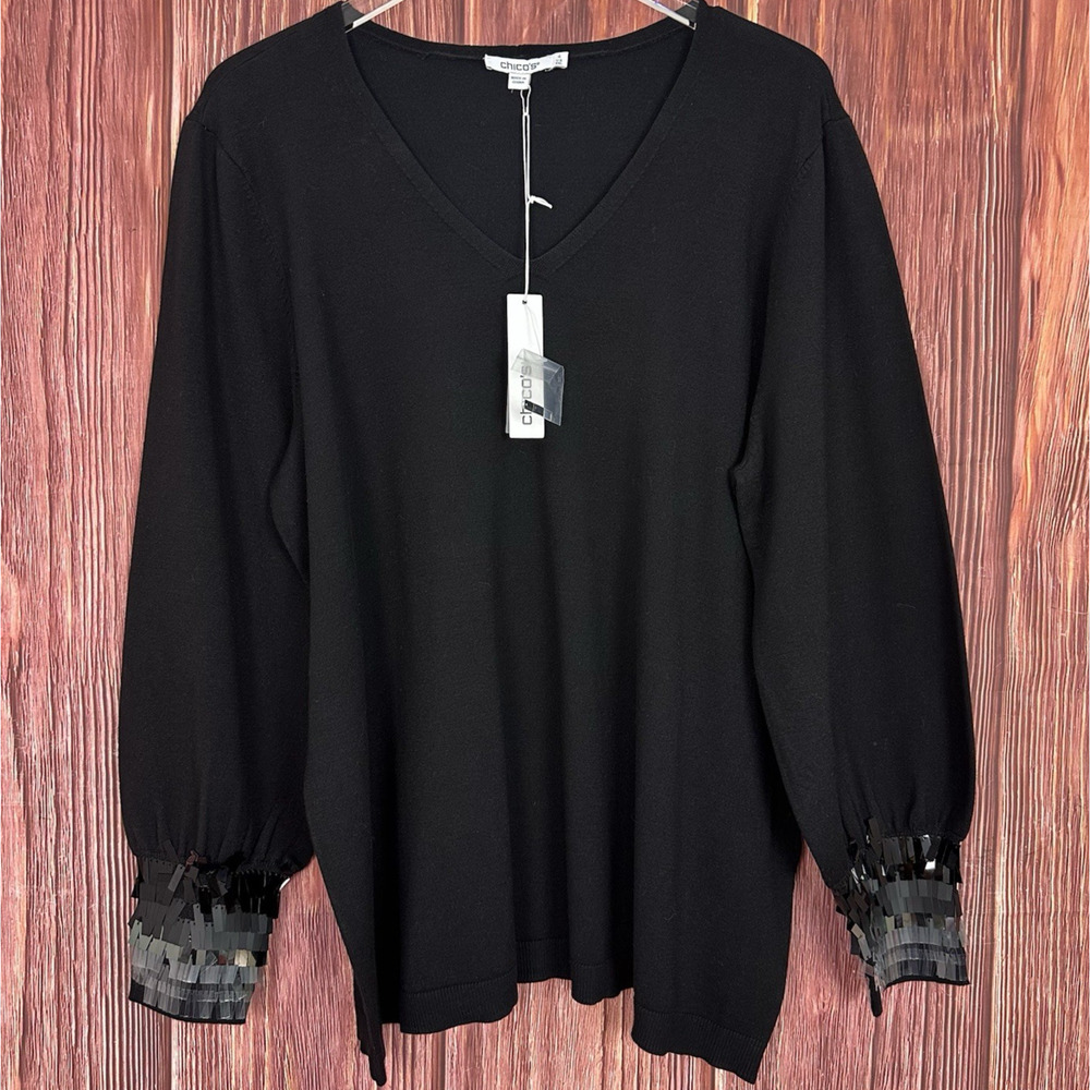 Chicos Sequin Cuff Pullover Sweater‎ V-Neck Black Sparkle Size 4 / XXL NWT